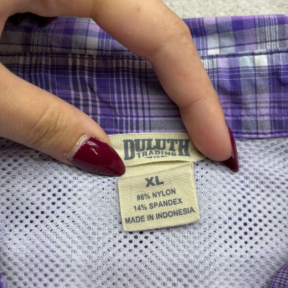 Duluth Trading Co Button Up Shirt Women XL Purple Plaid Short Sleeve Vented Back - Picture 4 of 9
